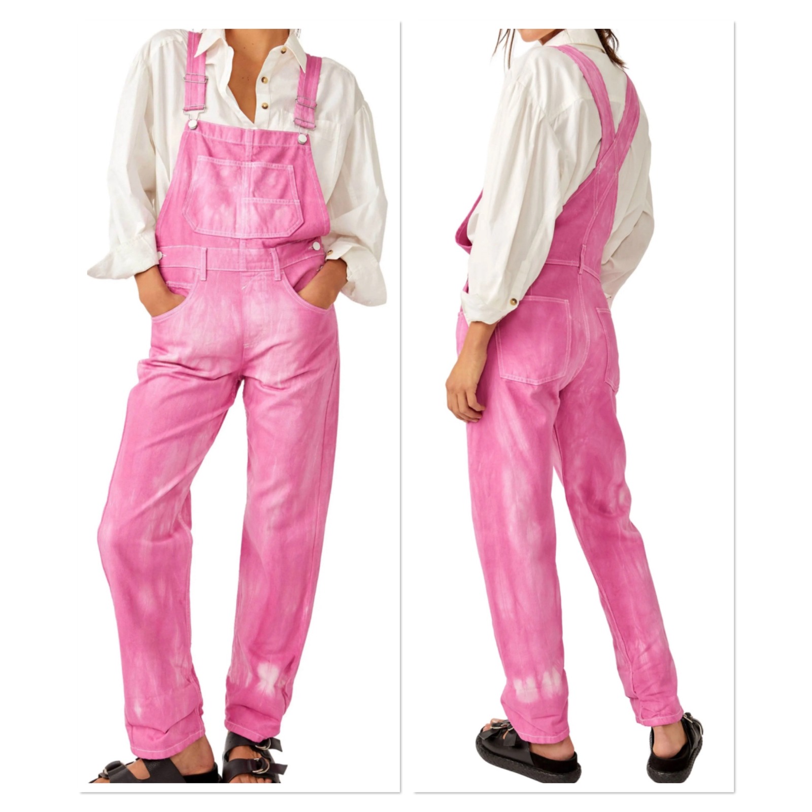 We The Free Free People Ziggy Denim Overalls Pink Tie Dye Boho Artist Beach L